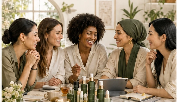 Five women sharing beauty products and ideas around a table
