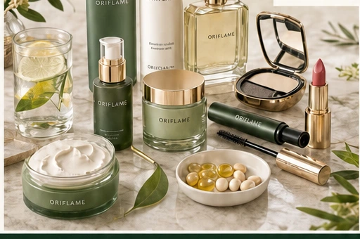 Oriflame skincare, fragrance, makeup and wellness products arranged as a care routine