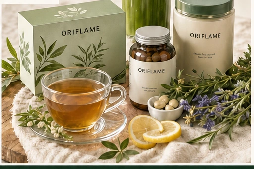 Oriflame tea, vitamins and wellness products with herbs and lemon